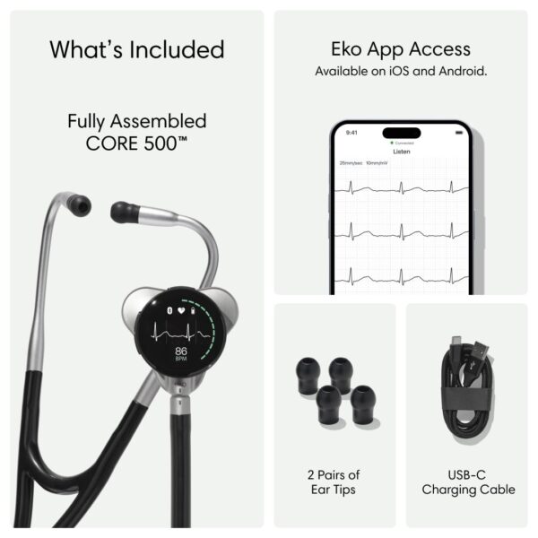 Eko CORE 500™ Digital Stethoscope — The Pinnacle of Digital Stethoscope Technology, Combining TrueSound™ Audio with 3-Lead ECG and a Full-Color Display, Silver, COR501 - Image 7