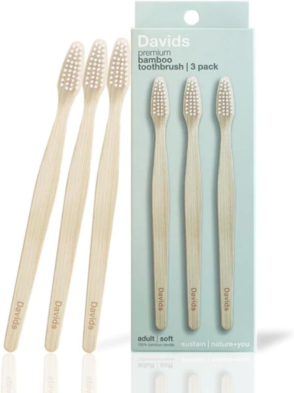 Davids Premium Bamboo Soft Bristle Toothbrush - 3 Pack | BPA Free, Eco-Friendly, Sustainable High Performance Bristles to Improve Oral Health Naturally | 100% Natural Bamboo Handle