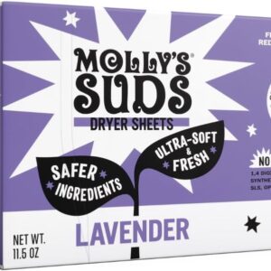 Molly's Suds Fabric Softener Dryer Sheets for Sensitive Skin | Plant-Based Static Reducer, Plastic-Free Packaging | Lavender (120 Sheets)