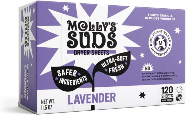 Molly's Suds Fabric Softener Dryer Sheets for Sensitive Skin | Plant-Based Static Reducer, Plastic-Free Packaging | Lavender (120 Sheets)