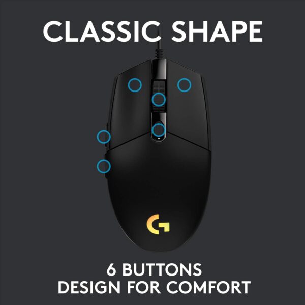 Logitech G203 Wired Gaming Mouse, 8,000 DPI, Rainbow Optical Effect LIGHTSYNC RGB, 6 Programmable Buttons, On-Board Memory, Screen Mapping, PC/Mac Computer and Laptop Compatible - Black - Image 4