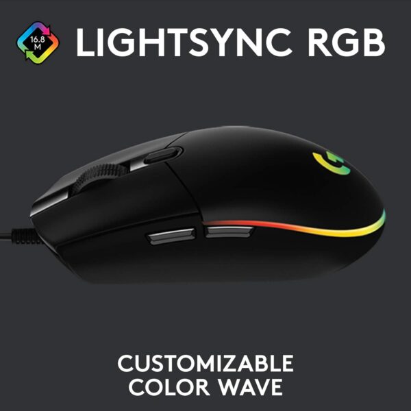 Logitech G203 Wired Gaming Mouse, 8,000 DPI, Rainbow Optical Effect LIGHTSYNC RGB, 6 Programmable Buttons, On-Board Memory, Screen Mapping, PC/Mac Computer and Laptop Compatible - Black - Image 2