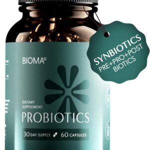 BIOMA Probiotics for Weight Management & Digestive Health, 3 in 1 Gut Health Probiotics and Prebiotics/Postbiotics, Slow Release Synbiotic Probiotic Capsules for Gut Health Multi Enzyme (60 Caps)