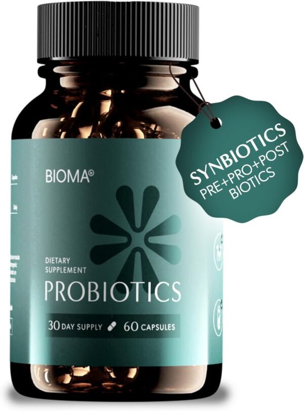 BIOMA Probiotics for Weight Management & Digestive Health, 3 in 1 Gut Health Probiotics and Prebiotics/Postbiotics, Slow Release Synbiotic Probiotic Capsules for Gut Health Multi Enzyme (60 Caps)