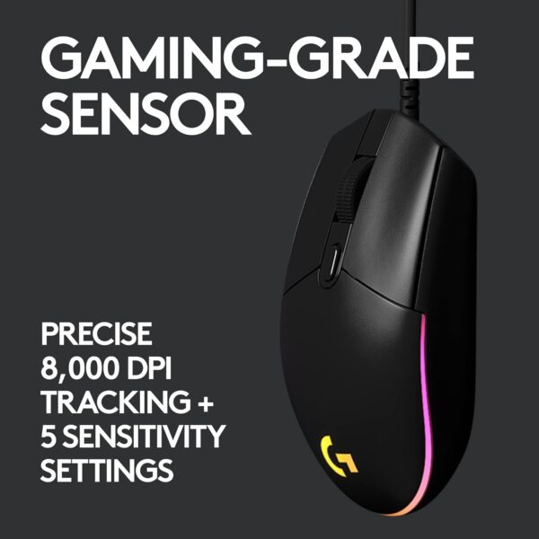 Logitech G203 Wired Gaming Mouse, 8,000 DPI, Rainbow Optical Effect LIGHTSYNC RGB, 6 Programmable Buttons, On-Board Memory, Screen Mapping, PC/Mac Computer and Laptop Compatible - Black - Image 3