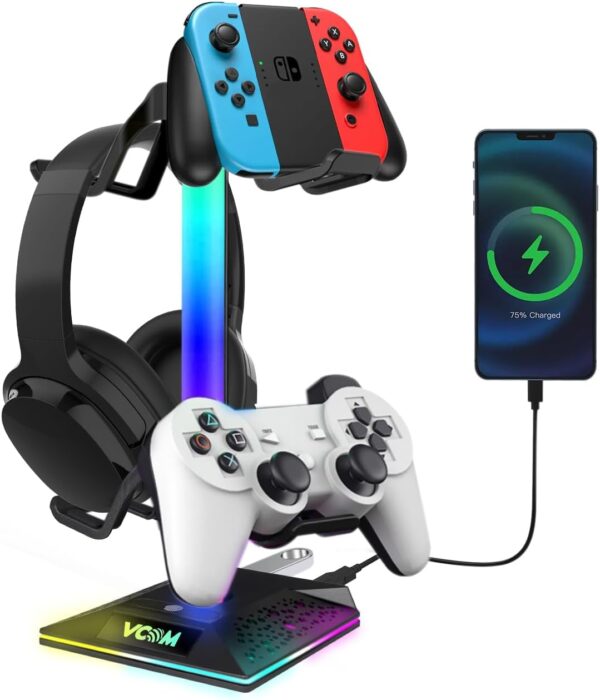 RGB Gaming Headphones Stand with 2 USB Ports Headset Stand with 10 Light Modes and Non-Slip Rubber, Suitable for All Earphone Accessories, Best Gift for Husband, Kids, Boyfriend