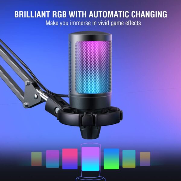 FIFINE Gaming PC USB Microphone, Podcast Condenser Mic with Boom Arm, Pop Filter, Mute Button for Streaming, Twitch, Online Chat, RGB Computer Mic for PC Gamer Youtuber-AmpliGame A6T - Image 4