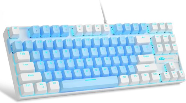 MageGee 75% Mechanical Gaming Keyboard with Blue Switch, LED Blue Backlit Keyboard, 87 Keys Compact TKL Wired Computer Keyboard for Windows Laptop PC Gamer - Blue/White