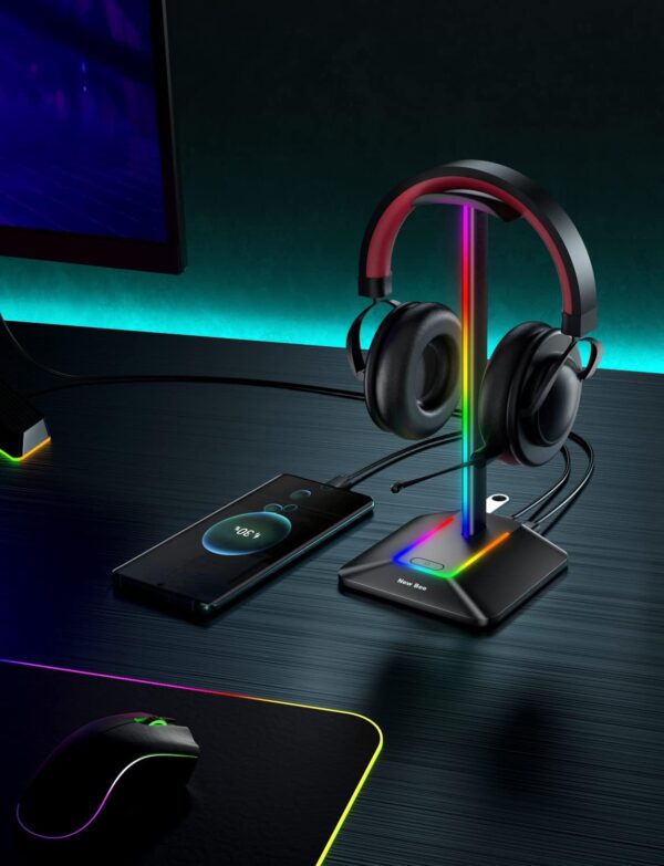 New bee RGB Headphone Stand with 1 USB-C Charging Port and 1 USB Charging Port, Desk Gaming Headset Stand with 7 Light Modes for All Earphone Accessories (Black) - Image 6