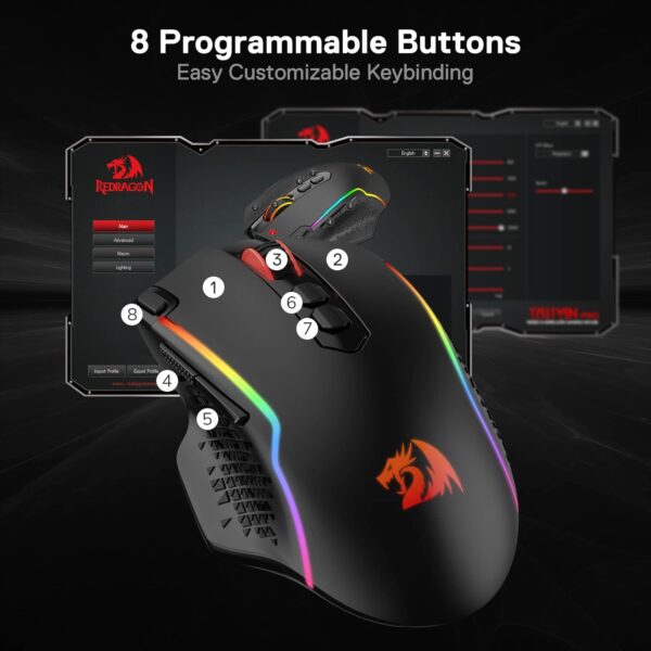 Redragon M810 Pro Wireless Gaming Mouse, 10000 DPI Wired/Wireless Gamer Mouse w/Rapid Fire Key, 8 Macro Buttons, 45-Hour Reliable Power Capacity and RGB Backlit for PC/Mac/Laptop - Image 8