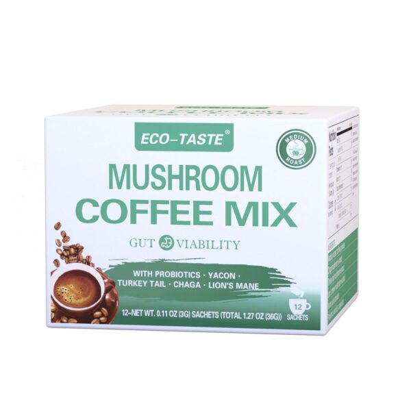 ECO-TASTE Mushroom Coffee Mix, Designed for Gut-Health with Chaga, Lion's Mane, Turkey Tail, Yacon and Probiotics – 12 Sachets