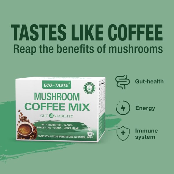 ECO-TASTE Mushroom Coffee Mix, Designed for Gut-Health with Chaga, Lion's Mane, Turkey Tail, Yacon and Probiotics – 12 Sachets - Image 3