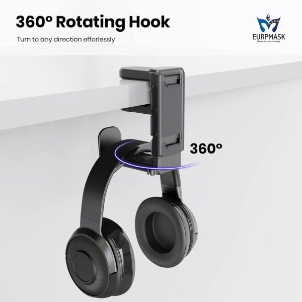 3-in-1 PC Gaming Headset&Controller Holder - EURPMASK Headphone Stand w/Adjustable Clamp&2 Controller Holder&Rotating Arm&Cable Organizer, Universal PC Gaming Accessory Controller Headset Stand-Black - Image 5