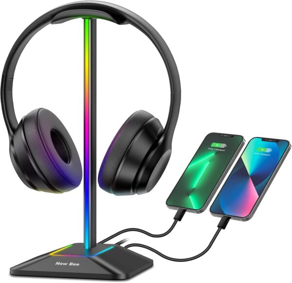 New bee RGB Headphone Stand with 1 USB-C Charging Port and 1 USB Charging Port, Desk Gaming Headset Stand with 7 Light Modes for All Earphone Accessories (Black)