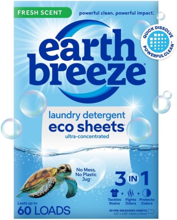 Earth Breeze Laundry Detergent Sheets Fresh Scent - 60 Loads No Plastic Jug Concentrated Laundry Detergent 30 Sheets