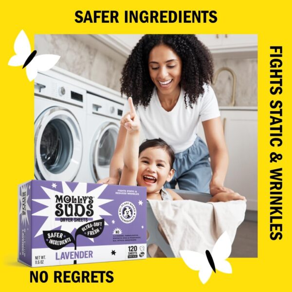 Molly's Suds Fabric Softener Dryer Sheets for Sensitive Skin | Plant-Based Static Reducer, Plastic-Free Packaging | Lavender (120 Sheets) - Image 6