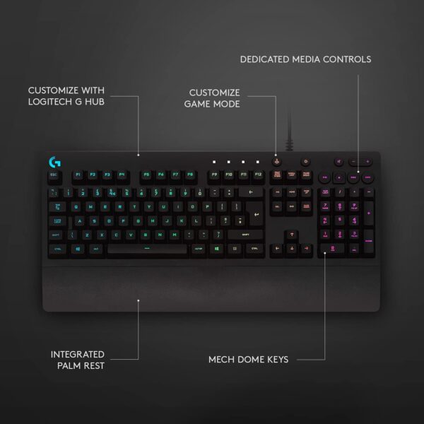 Logitech G213 Prodigy Gaming Keyboard, LIGHTSYNC RGB Backlit Keys, Spill-Resistant, Customizable Keys, Dedicated Multi-Media Keys – Black - Image 6