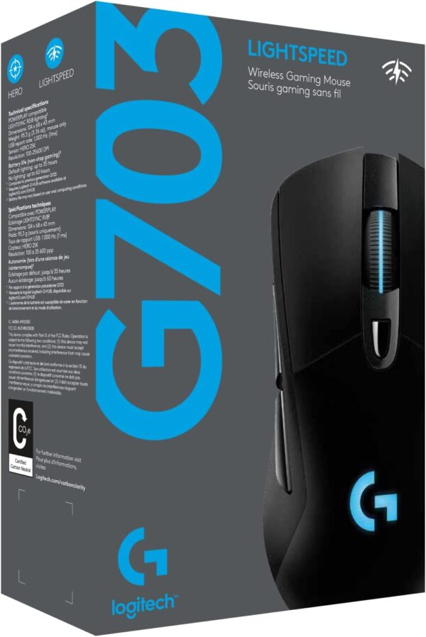 Logitech G703 Lightspeed Wireless Gaming Mouse W/Hero 25K Sensor, PowerPlay Compatible, Lightsync RGB, Lightweight 95G+10G Optional, 100-25, 600 DPI, Rubber Side Grips - Black - Image 8