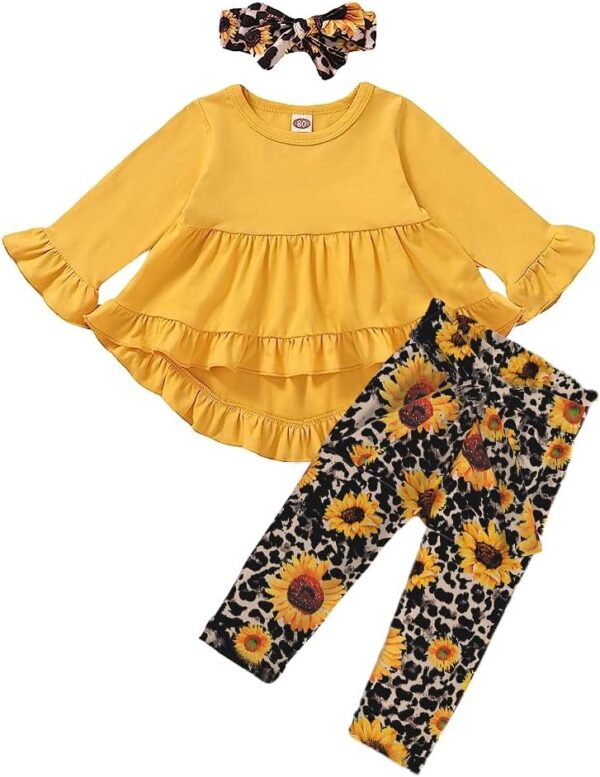 Kucnuzki Baby Girl Clothes Toddler Girl Outfit Ruffle Sleeve Shirt Floral Pant Set Fall Winter Clothing for Girl