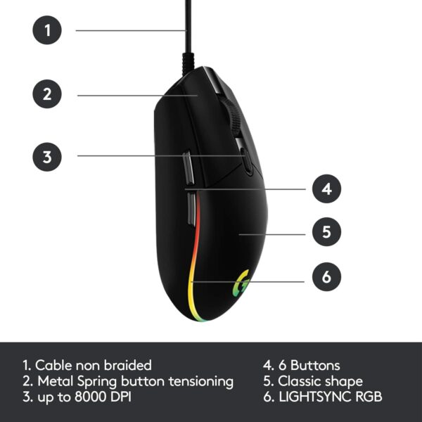 Logitech G203 Wired Gaming Mouse, 8,000 DPI, Rainbow Optical Effect LIGHTSYNC RGB, 6 Programmable Buttons, On-Board Memory, Screen Mapping, PC/Mac Computer and Laptop Compatible - Black - Image 6