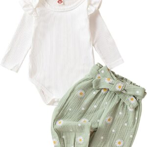 Kaipiclos Newborn Infant Girl Clothes Rib Knit Romper Daisy Print Pants Headband Baby Clothes for Girls 0 3 6 12 18 24 Months