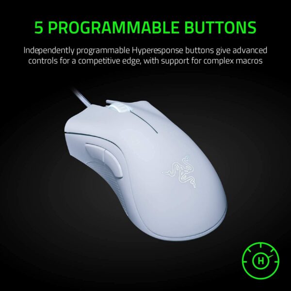 Razer DeathAdder Essential Gaming Mouse: 6400 DPI Optical Sensor - 5 Programmable Buttons - Mechanical Switches - Rubber Side Grips - Mercury White - Image 3