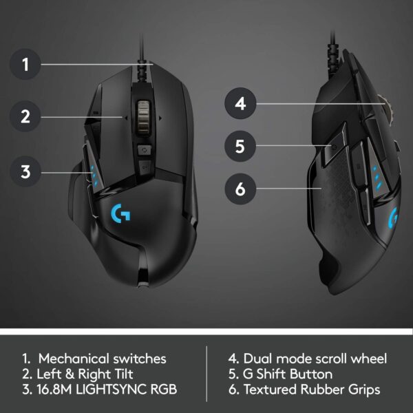 Logitech G502 HERO High Performance Wired Gaming Mouse, HERO 25K Sensor, 25,600 DPI, RGB, Adjustable Weights, 11 Programmable Buttons, On-Board Memory, PC / Mac - Image 5