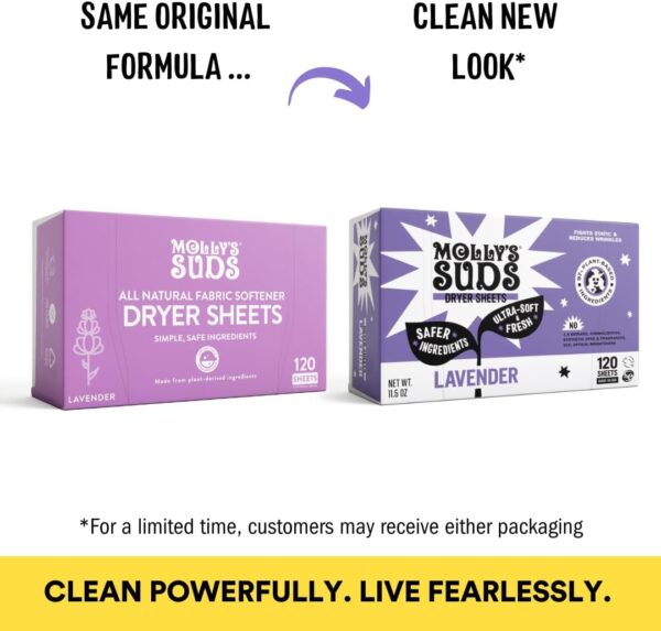 Molly's Suds Fabric Softener Dryer Sheets for Sensitive Skin | Plant-Based Static Reducer, Plastic-Free Packaging | Lavender (120 Sheets) - Image 2