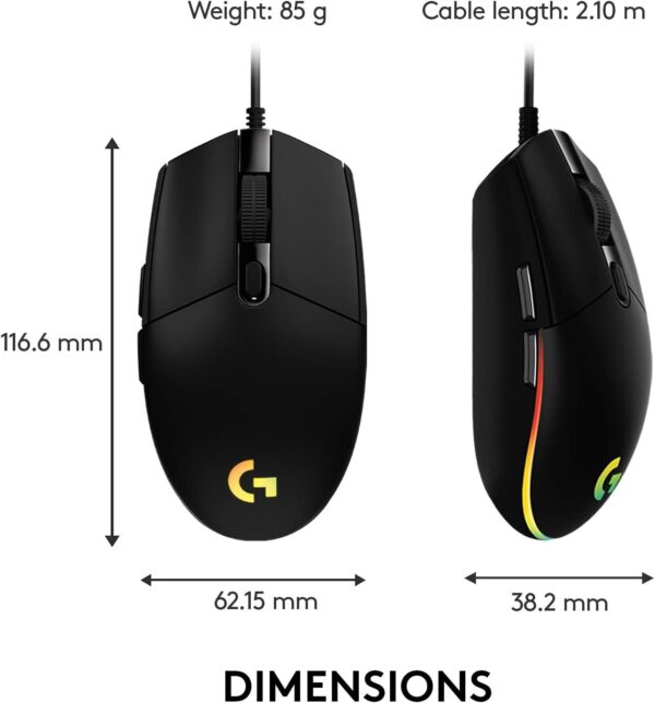 Logitech G203 Wired Gaming Mouse, 8,000 DPI, Rainbow Optical Effect LIGHTSYNC RGB, 6 Programmable Buttons, On-Board Memory, Screen Mapping, PC/Mac Computer and Laptop Compatible - Black - Image 8