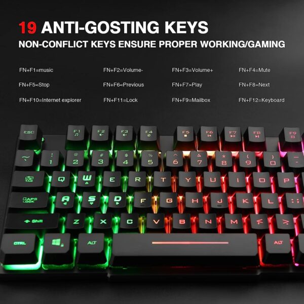 Rii RK100+ Multiple Color Rainbow LED Backlit Large Size USB Wired Mechanical Feeling Multimedia PC Gaming Keyboard,Office Keyboard for Working or Primer Gaming,Office Device - Image 5