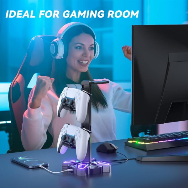 KDD Gaming Headphones Stand, Rotatable Headset Stand with Light Modes - Controller Holder with 2 USB Charging Ports and 3.5mm - Earphone Hanger Accessories for Desktop Gamer(Black) - Image 7