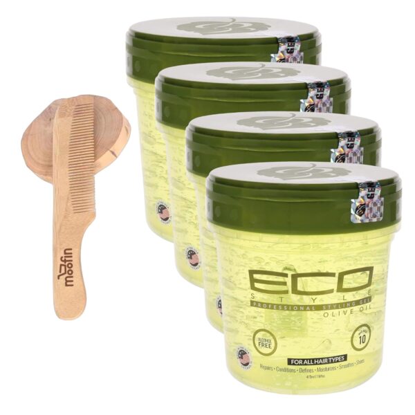 Eco Style Professional Styling Gel Olive Oil, 16 Fl Oz - Strong Hold Hair Gel for All Hair Types Wooden Comb, Alcohol Free Moisturizing Hair Gel (Pack of 4)