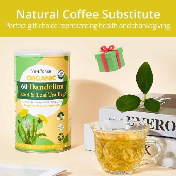 60 Dandelion Tea Bags, 3g/Bags, VitalForest Natural Organic Dandelion Leaf and Root Tea, Dried Dandelion Root Tea Leaves, Caffeine Free, Health Herb Diente De Leon, Eco-Conscious Corn Fiber Tea Bags - Image 4