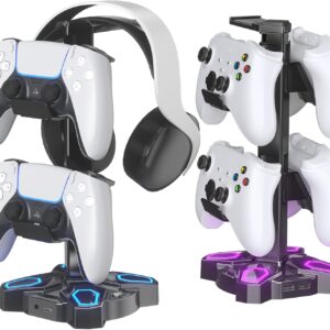 KDD Gaming Headphones Stand, Rotatable Headset Stand with Light Modes - Controller Holder with 2 USB Charging Ports and 3.5mm - Earphone Hanger Accessories for Desktop Gamer(Black)