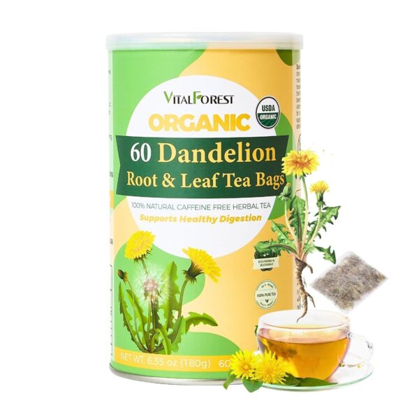 60 Dandelion Tea Bags, 3g/Bags, VitalForest Natural Organic Dandelion Leaf and Root Tea, Dried Dandelion Root Tea Leaves, Caffeine Free, Health Herb Diente De Leon, Eco-Conscious Corn Fiber Tea Bags