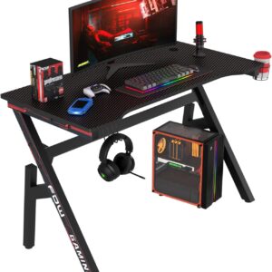 Gaming Desk Computer Desk 47 Inch Home Office Desk Extra Large Modern Ergonomic Black PC Carbon Fiber Table Gamer Workstation with Cup Holder Headphone Hook