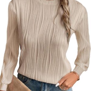 EVALESS Womens Tops Trendy Dressy Casual Long Sleeve Crewneck Basic T Shirts Solid Loose Textured Blouses Outfits