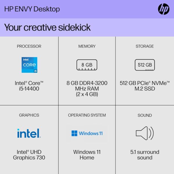 HP Envy Desktop PC, Intel Core i5-14400, 8 GB RAM, 512 GB SSD, Intel UHD Graphics 730, Windows 11 Home, TE01-5012 (2024) - Image 2