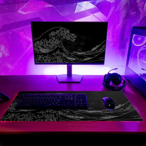 Japanese Sea Wave Large Mouse Pad, Anime Black Gaming, Extended Kanagawa Mat Desk Pad, 3mm Thick Long Non-Slip Rubber Base Mice Pad, 31.5 X 11.8 Inch - Image 6