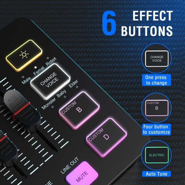 FIFINE Gaming Audio Mixer, Streaming RGB PC Mixer with XLR Microphone Interface, Individual Control, Volume Fader, Mute Button, 48V Phantom Power, for Podcast/Recording/Vocal/Game Voice-AmpliGame SC3 - Image 5