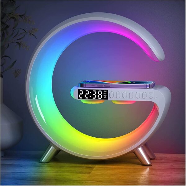 Smart LED Table Lamp, 4-in-1 Wireless Charger, Night Light, Alarm Clock, and Bluetooth Speaker with App Control for Bedroom, Office, and Home Decor (White)