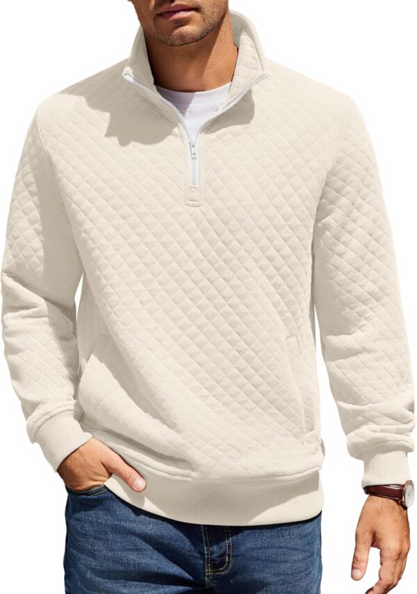 COOFANDY Mens Quarter Zip Pullover Quilted Sweatshirt Knit Long Sleeve Mock Neck Sweater Polo with Pocket