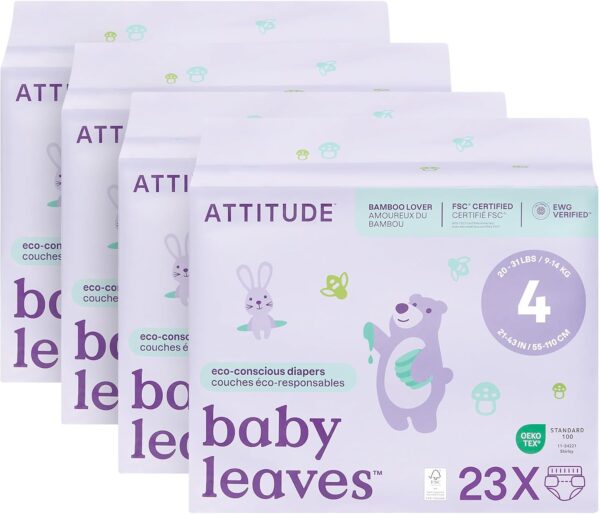 ATTITUDE Eco-Conscious Disposable Diapers, EWG Verified, Size 4 (20-31 lbs), Ultra Absorbent for Baby, Vegan & Plant-Based, 23 Count (Pack of 4)