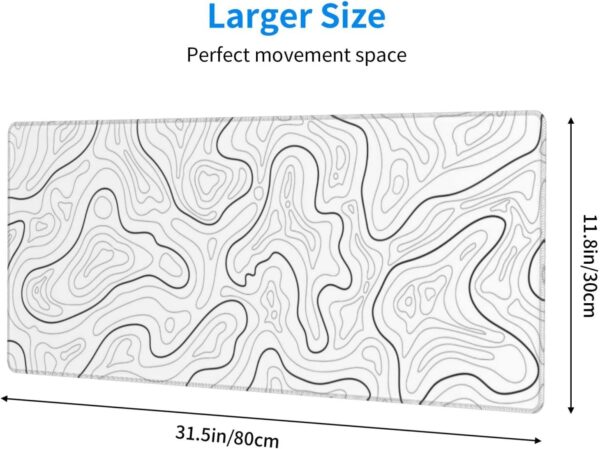 Abstract Topographic Map White Grey Black Gaming Mouse Pad Long Mouse Pad Large Desk Mat 31.5 X 11.8 Inch Mousepad with Non-Slip Base Stitched Edge Keyboard Mat for Gaming Office - Image 2