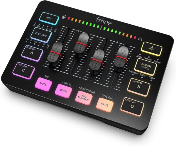 FIFINE Gaming Audio Mixer, Streaming RGB PC Mixer with XLR Microphone Interface, Individual Control, Volume Fader, Mute Button, 48V Phantom Power, for Podcast/Recording/Vocal/Game Voice-AmpliGame SC3