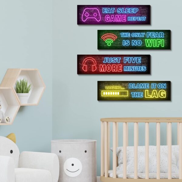 4 Pcs Printed Neon Gaming Posters, Teen Boys Room Decorations, gamer wall art Decor for bedroom Wooden - Image 3