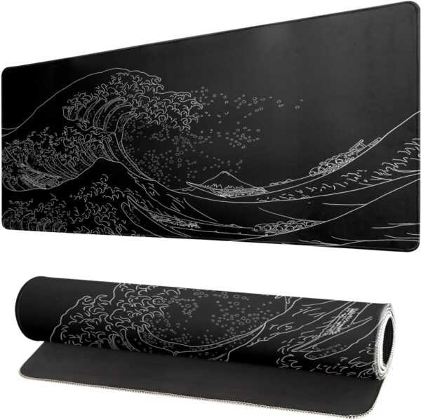 Japanese Sea Wave Large Mouse Pad, Anime Black Gaming, Extended Kanagawa Mat Desk Pad, 3mm Thick Long Non-Slip Rubber Base Mice Pad, 31.5 X 11.8 Inch