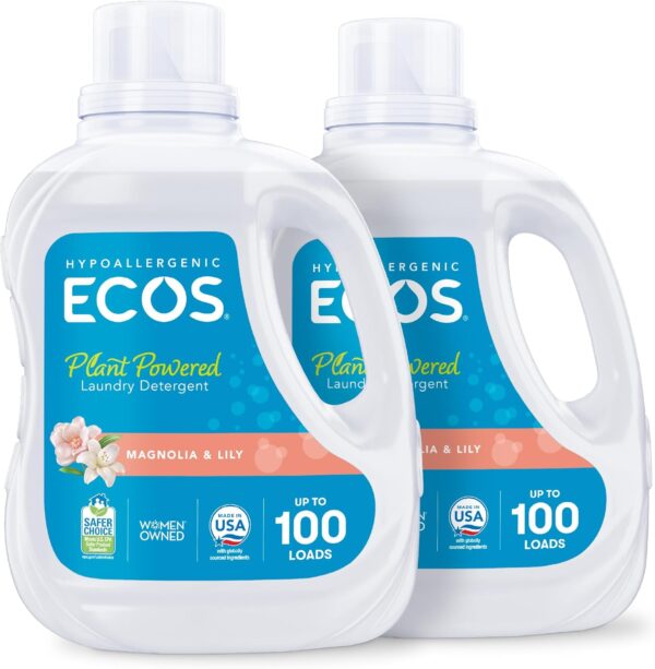 ECOS Laundry Detergent Liquid, 200 Loads - Dermatologist Tested Laundry Soap - Hypoallergenic, EPA Safer Choice Certified, Plant-Powered - Magnolia Lily, 100 Fl Oz (Pack of 2)