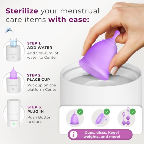 Ecoblossom Menstrual Cup Sterilizer - Modern Menstrual Cup Cleaner Unscented Sanitizer - 2-Minute Automatic Steam Wash - Holder Fits Small Soft & Large Period Disc (Steamer + Cups) - Image 2