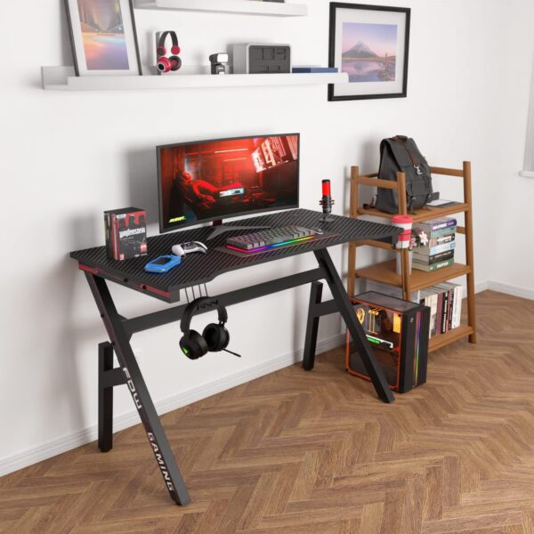 Gaming Desk Computer Desk 47 Inch Home Office Desk Extra Large Modern Ergonomic Black PC Carbon Fiber Table Gamer Workstation with Cup Holder Headphone Hook - Image 4